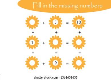 Mathematics game with flowers for children, fill in the missing numbers, easy level, education game for kids, school worksheet activity, task for development of logical thinking, vector illustration