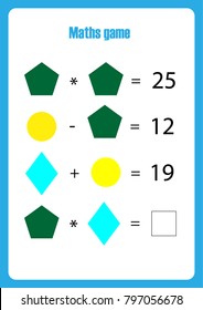 Mathematics game with pictures (geometric shapes) for children, middle level, education game for kids, preschool worksheet activity, task for the development of logical thinking, vector illustration
