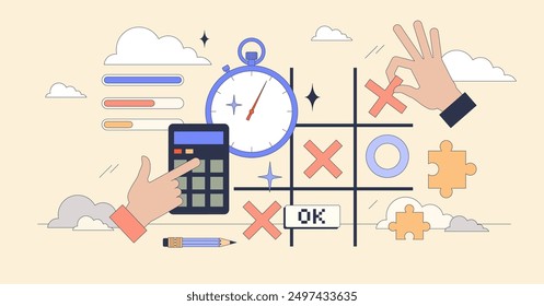 Mathematics games for fun math learning tiny person neubrutalism concept. Fun brain activity with problem solving challenge and intelligent game vector illustration. Logic tasks and algebra exercises