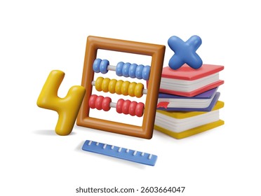 Mathematics, geometric and arithmetic education school supplies. Abacus, books, number symbol, ruler and math operation sign 3D plastic style vector composition. Realistic calculation stationary tool
