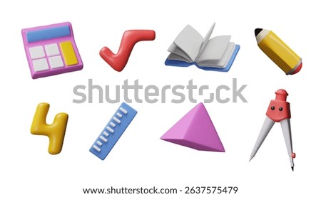Mathematics, geometric and arithmetic education school supplies. Calculator, book, number symbol, ruler, divider, pencil, pyramid 3D plastic style vector set. Realistic calculation stationary tools