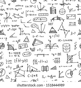 Mathematics, geometry background. Formulas, shapes, and graphics. Big vector set of mathematical objects isolated on a white background. Hand drawn seamless pattern.