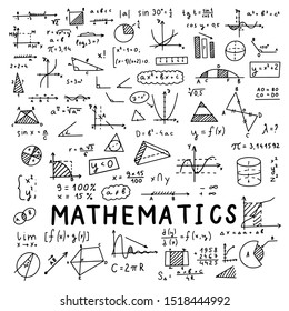 Mathematics, geometry background. Formulas, shapes, and graphics. Big vector set of mathematical objects isolated on a white background. Hand drawn.