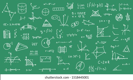 Mathematics, geometry background. Formulas, shapes, and graphics. Big vector set of mathematical objects isolated on a green background. Hand drawn. On blackboard