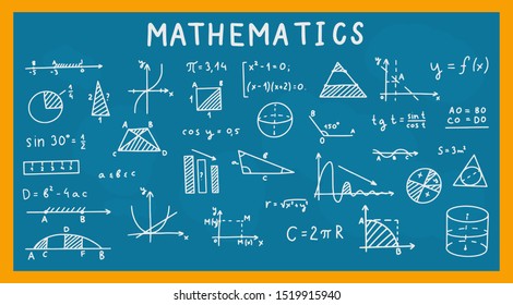 Mathematics, geometry background. Formulas, shapes, and graphics. Big vector set of mathematical objects isolated on a white background. Hand drawn.