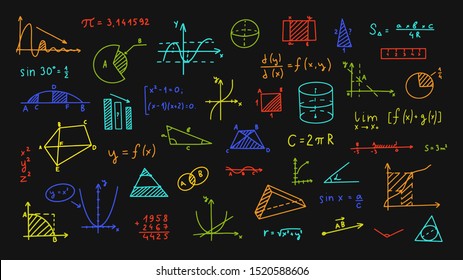 Mathematics, geometry background. Formulas, shapes, and graphics. Big vector set of mathematical objects isolated on a black background. Hand drawn. Bright children's colors.