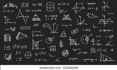 Mathematics, geometry background. Formulas, shapes, and graphics. Big vector set of mathematical objects isolated on a white background. Hand drawn.