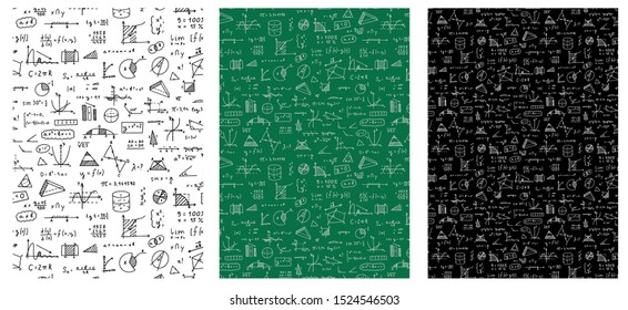 Mathematics, geometry background. Formulas, shapes, and graphics. Big vector set of mathematical objects isolated on a white background. Hand drawn seamless pattern.