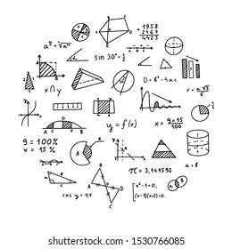 Mathematics, geometry background. Formulas, shapes, and graphics. Big vector set of mathematical objects isolated on a white background. Hand drawn.