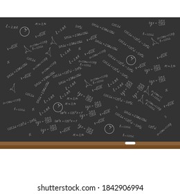 Mathematics, geometry background. Formulas, shapes, sine, cosine on black school board. Education concept. Vector flat illustration.