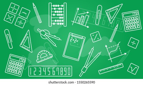 Mathematics, geometry background. Hand drawn set. Geometric shapes on a chalk board background.