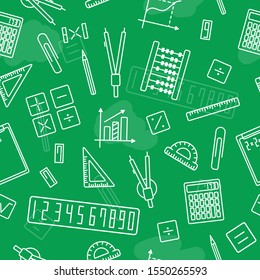 Mathematics, geometry background. Hand drawn. Geometric shapes on a chalk board background. Seamless background.
