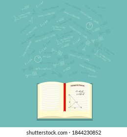 Mathematics, geometry background with an open book on mathematics and formulas, shapes, sine, cosine. Knowledge, education, studying concept. Vector flat illustration.