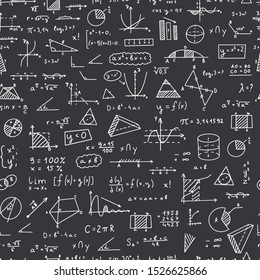 Mathematics, geometry background seamless pattern. Hand drawn. Geometric shapes on a chalk board background. White on black.