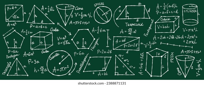 Mathematik und Geometrie, Figuren und Formeln auf dunkelgrünem Hintergrund. Banner für Schule, Universität und Ausbildung. Symbole, Betrügereien, Mathematik. Handgezeichnete Skizze für Ihr Design