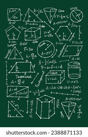 Mathematics and geometry, figures and formulas on dark green background. Vertical card on white background. For school, university and training. Symbols, cheat sheet, mathematics. Hand drawn sketch