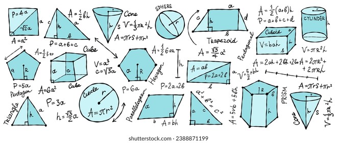 Mathematics and geometry, figures and formulas on white background. Banner for school, university and training. Symbols, cheat sheet, mathematics. Hand drawn sketch for your design