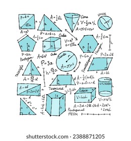 Mathematics and geometry, figures and formulas. For school, university and training. Symbols, cheat sheet, mathematics. Hand drawn sketch for your design