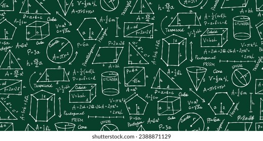 Matemáticas y geometría, figuras y fórmulas. Fondo de patrón sin inconvenientes. Para la escuela, la universidad y la formación. Símbolos, papel de trampa, matemáticas. Esbozo dibujado a mano para su diseño
