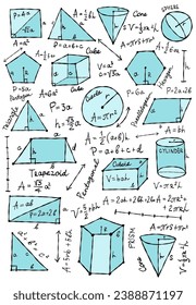 Mathematics and geometry, figures and formulas. Vertical card on white background. For school, university and training. Symbols, cheat sheet, mathematics. Hand drawn sketch for your design