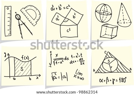 Mathematics and geometry icons and formulas on yellow memo sticks. Vector illustration.