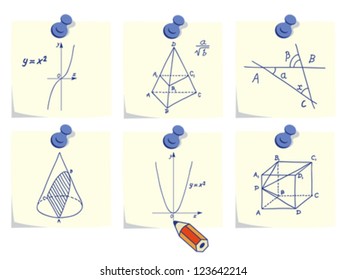 Mathematics and geometry icons, sketches and formulas on yellow memo sticks