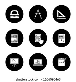 Mathematics glyph icons set. Geometry and algebra. Drafting tools, textbook, abacus, calculator. Vector white silhouettes illustrations in black circles