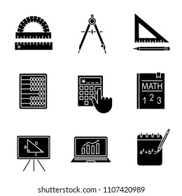 Mathematics glyph icons set. Geometry and algebra. Drafting tools, textbook, abacus, calculator. Silhouette symbols. Vector isolated illustration