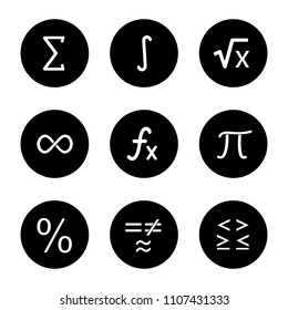 Mathematics glyph icons set. Math symbols. Algebra. Vector white silhouettes illustrations in black circles