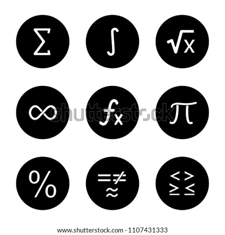 Mathematics glyph icons set. Math symbols. Algebra. Vector white silhouettes illustrations in black circles
