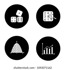 Mathematics glyph icons set. Number theory, statistics, coordinate system, dices. Vector white silhouettes illustrations in black circles