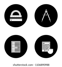 Mathematics glyph icons set. Protractor, ruler, drawing compass, abacus, calculator. Vector white silhouettes illustrations in black circles