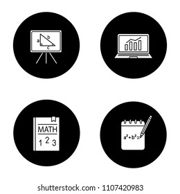 Mathematics glyph icons set. Rough draft, math textbook, whiteboard, statistics. Vector white silhouettes illustrations in black circles