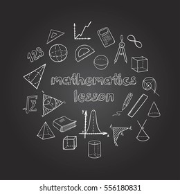 Mathematics hand drawn icons set with elements of geometry and algebra on blackboard isolated vector illustration