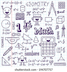 Mathematics. Hand drawn. Vector illustration. School notebook.