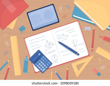 Mathematics homework flat color vector illustration. Calculating math. Workspace for students. Table with books and textbooks. Top view 2D cartoon illustration with desktop on background collection