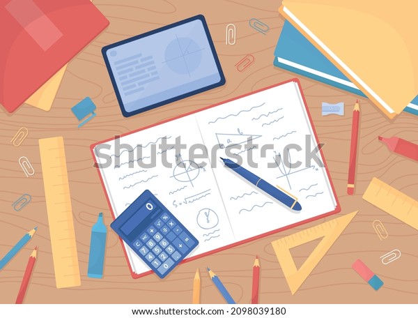 Mathematics homework flat color vector\
illustration. Calculating math. Workspace for students. Table with\
books and textbooks. Top view 2D cartoon illustration with desktop\
on background\
collection