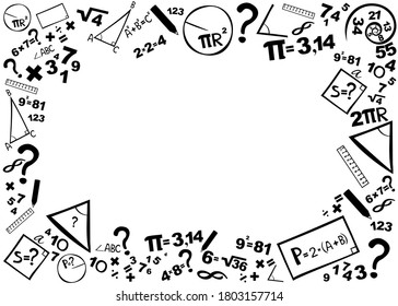 Mathematics. Horizontal banner. Presentation, website. Isolated lettering typography idea with icons. Algebra, geometry, statistics, basic maths. School background. Hand-drawn diagrams and graphs