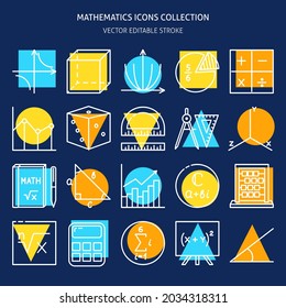 Mathematics icon collection in colored line style. Math symbols and expressions set. Vector editable illustration.