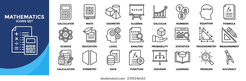 Symbolsammlung für Mathematik. Enthaltend Mathematik, Bildung, Lernen, Geometrie, Algebra-Icon.