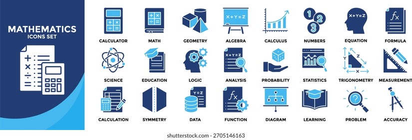 Conjunto de colecciones de íconos de matemáticas. Contiene matemáticas, educación, aprendizaje, geometría, ícono de álgebra.