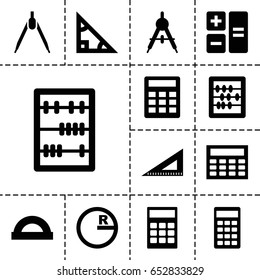 Mathematics icon. set of 13 filled mathematicsicons such as compass, abacus, ruler, calculator, calclator, protractor, triangle