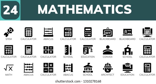 mathematics icon set. 24 filled mathematics icons.  Collection Of - Stem, Calculator, Abacus, Blackboard, School, Education, Convex, Math, Architect
