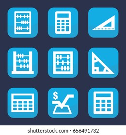 Mathematics icon. set of 9 filled mathematics icons such as mathematical square, ruler, abacus, calculator, calclator