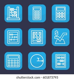 mathematics icon. Set of 9 outline mathematics icons such as calculator, abacus, mathematical square
