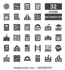 mathematics icon set. Collection of 32 filled mathematics icons included School, Calculator, Protractor, Education, Abacus, Thesis, Calculation, Physics