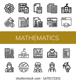 Mathematics Icon Set. Collection Of Nanotechnology, Calculator, Abacus, School, Education, Architect, Equator, Calculus, Mathematician Icons