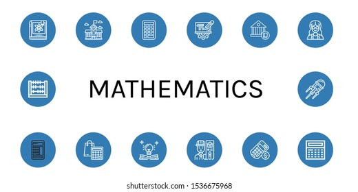 mathematics icon set. Collection of Physics, School, Calculator, Mathematics, Mathematician, Education, Architect, Abacus, Nanotechnology icons
