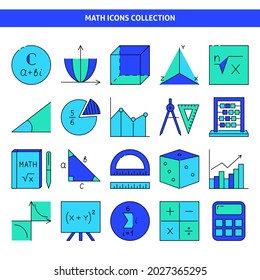 Mathematics icon set in colored line style. Math symbols collection. Vector illustration.