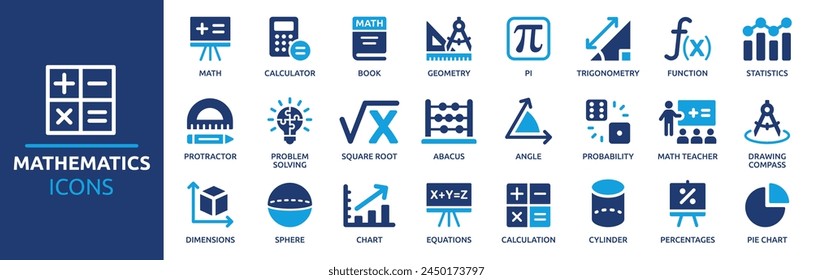 Mathematik Icon Set. Enthält Mathematik, Geometrie, Rechner, Statistik, Winkel, Gleichungen, Kreisdiagramm, Berechnung und mehr. Kollektion von Vollvektorsymbolen. 